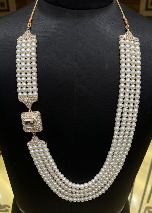 Cream Beaded And Stone Studded Groom Kantha Mala