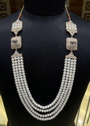 Cream Multi Layer Groom Kantha Mala In Beads Work