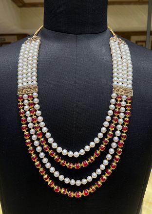 Cream & Maroon Beaded Groom Kantha Mala