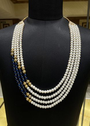 Cream & Blue Beaded Groom Kantha Mala