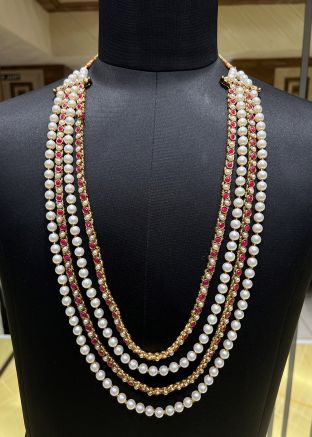 Cream and Red Groom Kantha Mala In Beads Work