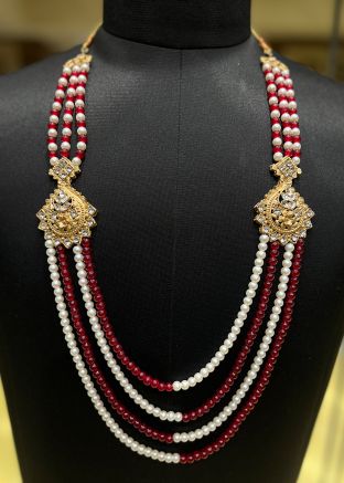 Cream & Maroon Beaded Groom Kantha Mala