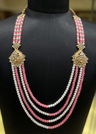 Pink And Cream Groom Kantha Mala In Beads Work