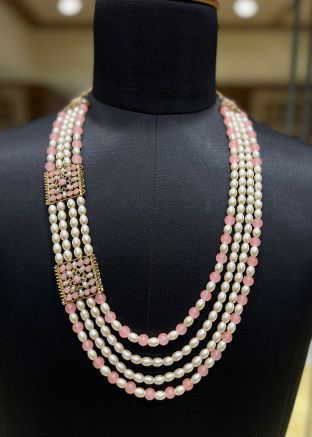 Cream And Pink Multi Layer Groom Kantha Mala