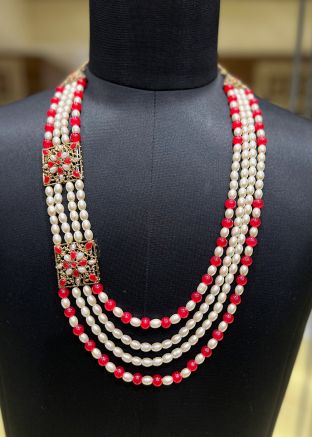 Red And Cream Groom Multi Layer Kantha Mala 