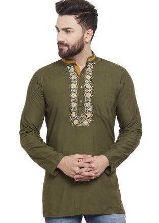 Green Cotton Embroidered Short Kurta For Men