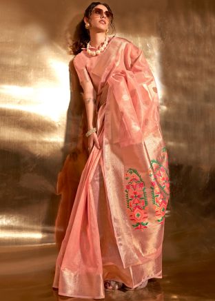 Peach Woven Work Tissue Silk Saree