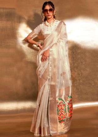 White Tissue Silk Saree In Woven Work