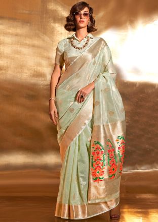 Pastel Green Woven Tissue Saree & Blouse