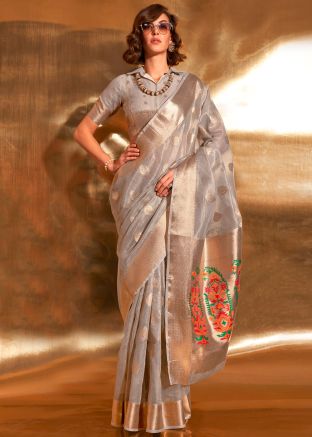 Grey Tissue Silk Saree In Woven Work