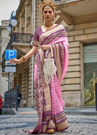 Pink Zari Woven Saree In Silk