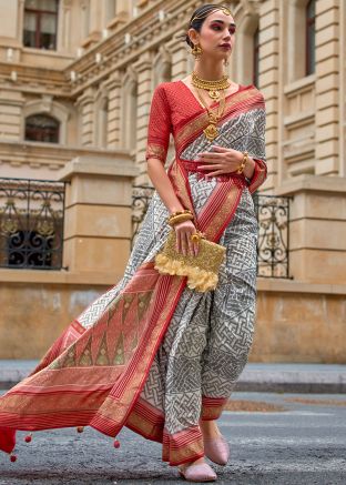 Grey Zari Woven Saree In Silk