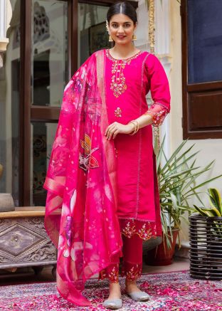 Pink Viscose Silk Readymade Salwar Suit With Organza Dupatta