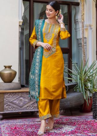Yellow Silk Readymade Salwar Suit With  Art Silk Dupatta
