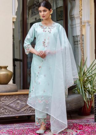 Sea Green Viscose Silk Readymade Salwar Suit With Organza Dupatta