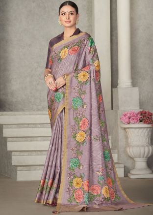 Purple Floral Printed Saree In Tussar Silk