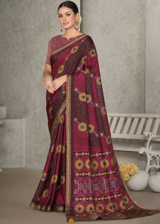Magenta Digital printed Saree In Tussar Silk