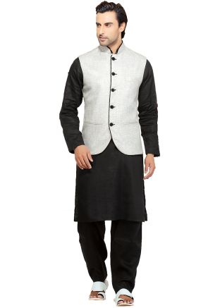 Black Readymade Pathani Suit With Nehru Jacket