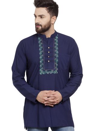 Navy Blue Cotton Readymade Short Kurta
