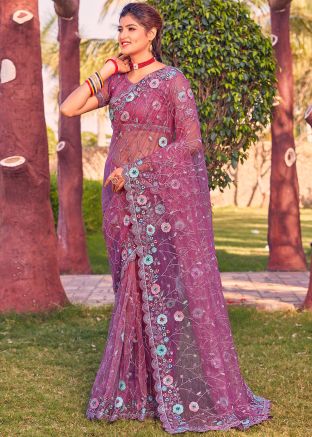 Mauve Pink Embroidered Net Saree