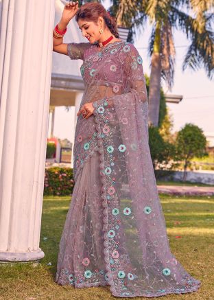 Lavender Embroidered Saree In Net