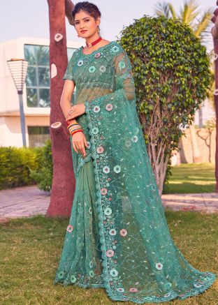 Blue Embroidered Net Saree & Blouse