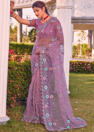 Purple Net Saree In Thread Embroidery