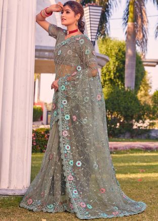 Sage Green Embroidered Net Saree