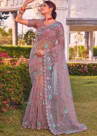 Pink Net Saree In Thread Embroidery