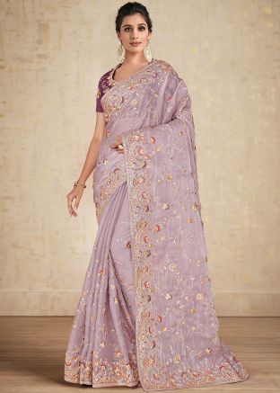 Lavender Purple Embroidered Saree In Satin