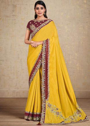 Yellow Embroidered Saree In Tussar Silk