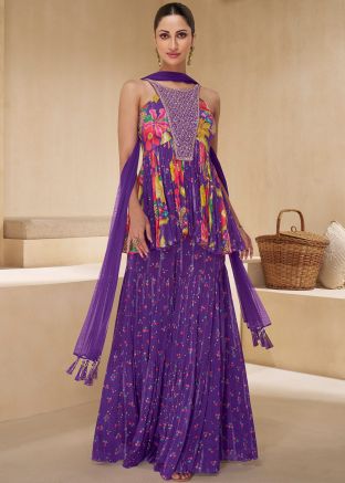 Blue Floral Print Salwar Suit In Chiffon