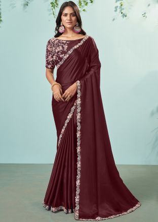 Maroon Embroidered Saree In Silk