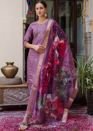 Readymade Purple Embroidered Pant Suit Set