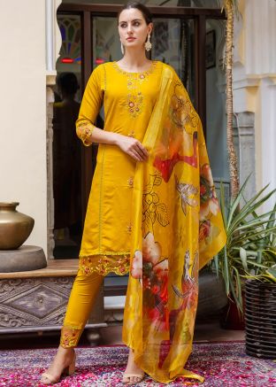 Yellow Readymade Embroidered Pant Suit
