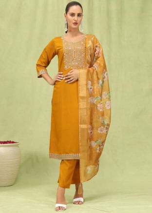 Mustard Yellow Embroidered Readymade Pant Suit