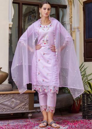 Lavender Purple Embroidered Readymade Pant Suit