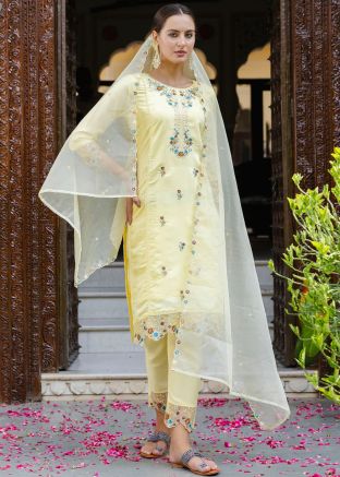 Readymade Yellow Embroidered Viscose Pant Suit