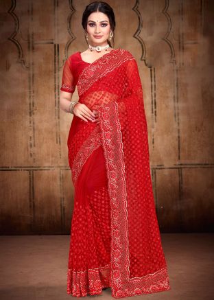 Red Embroidered Saree In Net