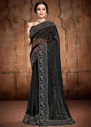 Black Embroidered Saree In Net