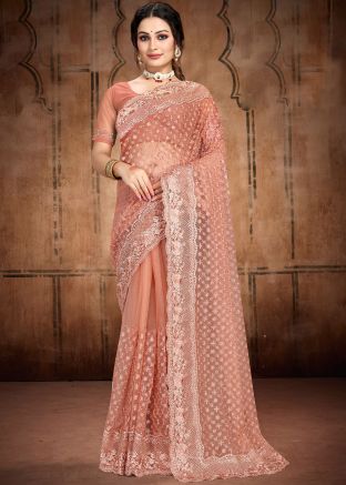 Peach Embroidered Saree In Net