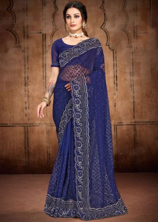Blue Embroidered Saree In Net