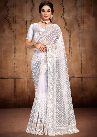 White Embroidered Saree In Net