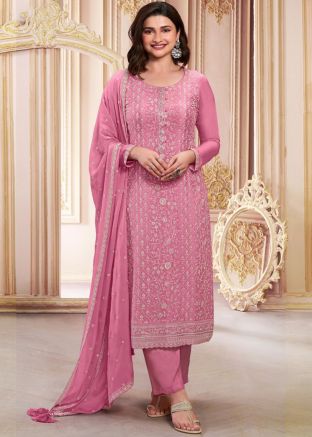Prachi Desai Pink Embroidered Pant Style Salwar Suit In Chiffon
