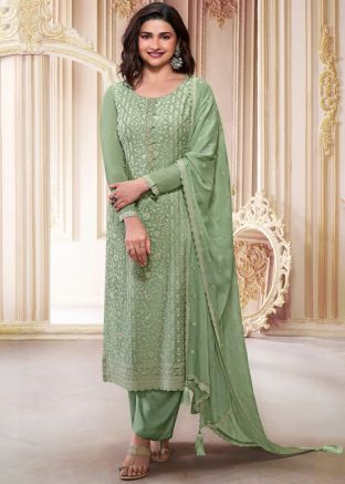 Prachi Desai Green Chiffon Pant Style Salwar Suit In Embroidery