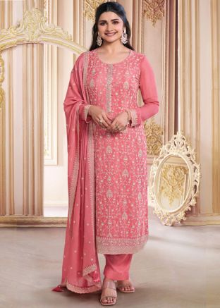 Prachi Desai Peach Chiffon Embroidered Salwar Suit In Pant Style
