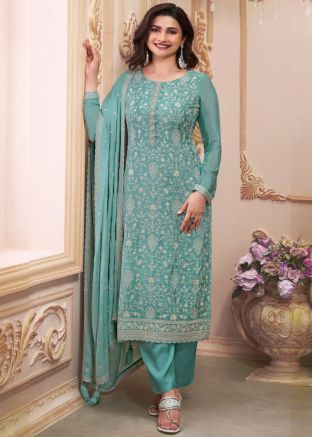 Prachi Desai Turquoise Embroidered Pant Style Salwar Suit In Chiffon