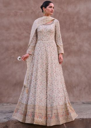 Off White Embroidered Anarkali Salwar Suit