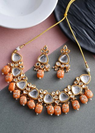 Peach Kundan Studded Necklace Set