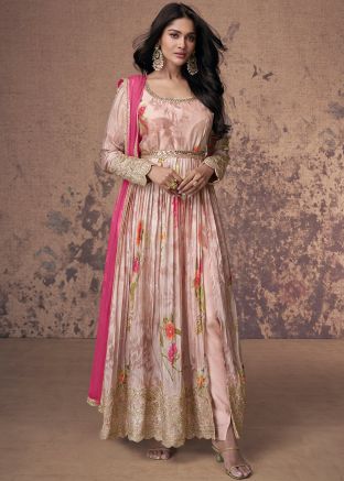 Readymade Pink Floral Print Slit Style Pant Suit